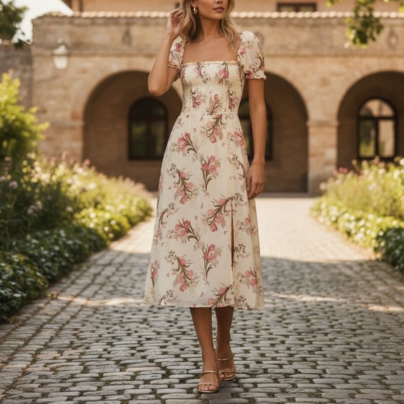 Reformation Leila Inka Smocked Midi Dress XL Ivory Pink Floral Slit - Picture 2 of 16